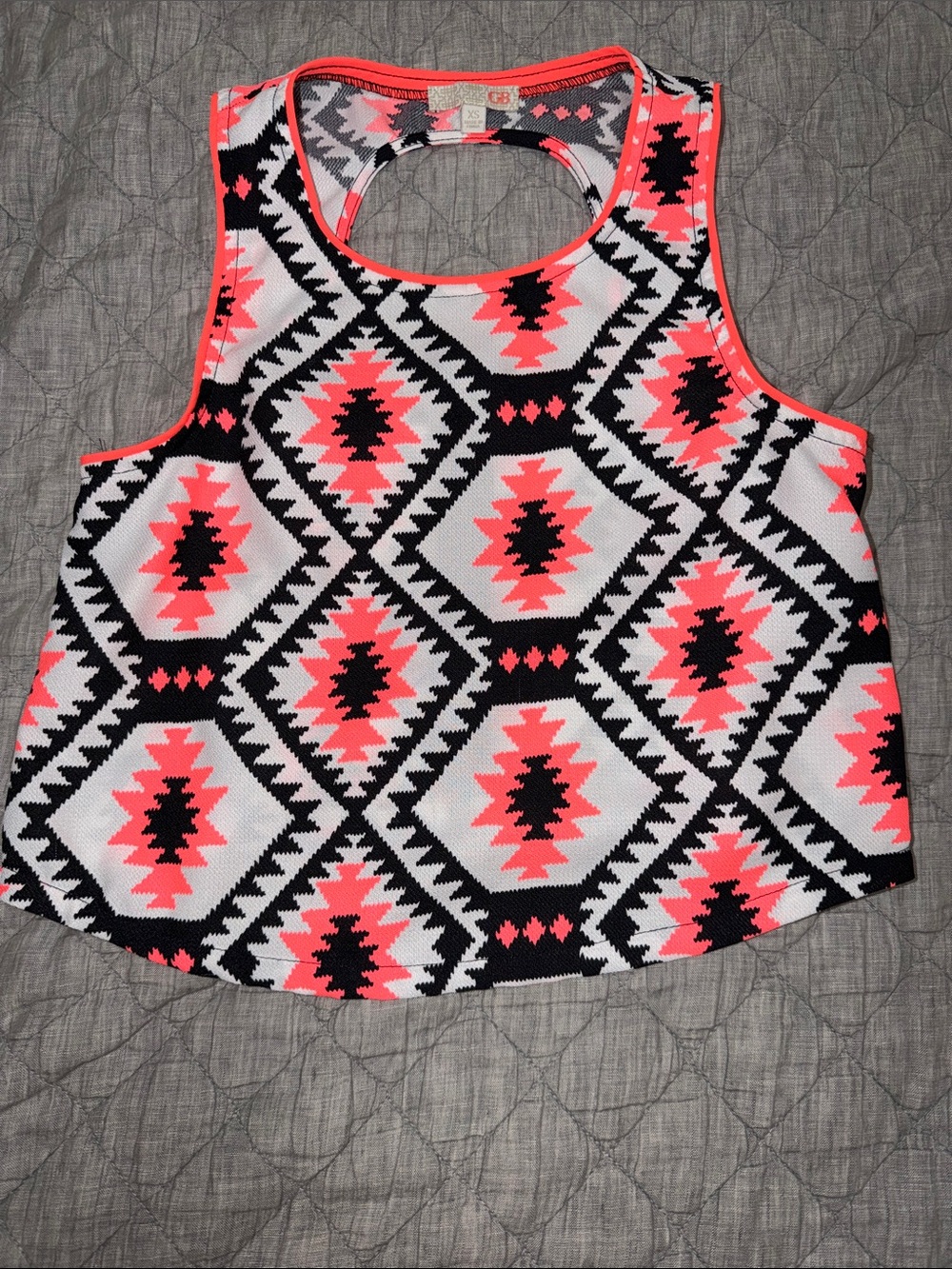 GB Aztec Print Racerback Tank Top - Neon Coral, Black & White
